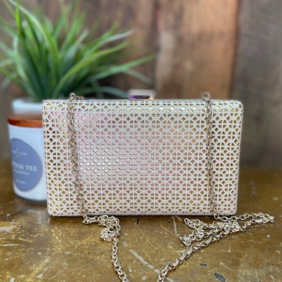 MMS Gold Clutch Purse with Strap - Picture 2 of 8